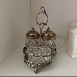 Set Vintage Antique Silver Crystal Cut Glass Condiment Salt Pepper Shakers